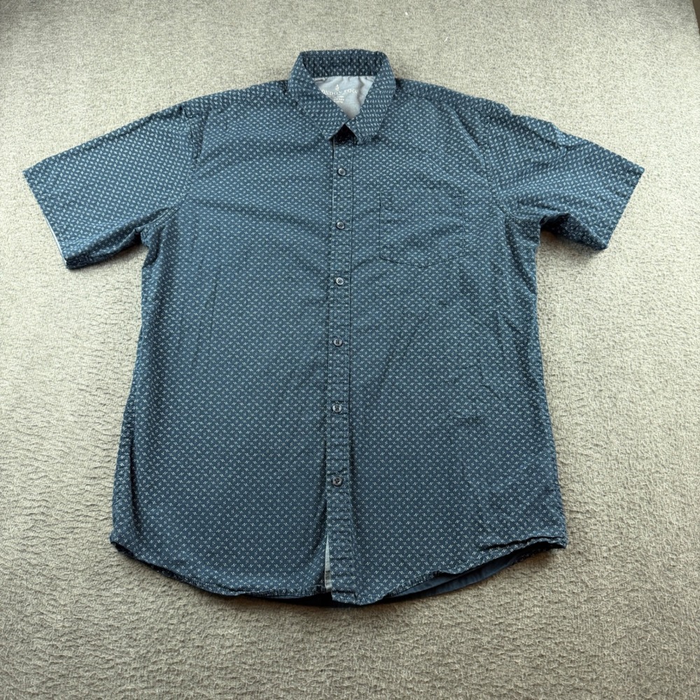 London Fog Button Down Shirt Men's Large Navy Blue Geometric Print Short‎ Sleeve